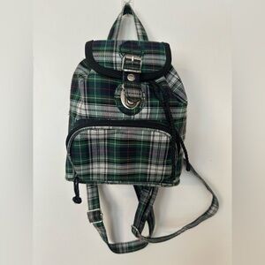 Vintage 90s Plaid Mini Backpack Green Tartan Grunge Preppy Small Bag